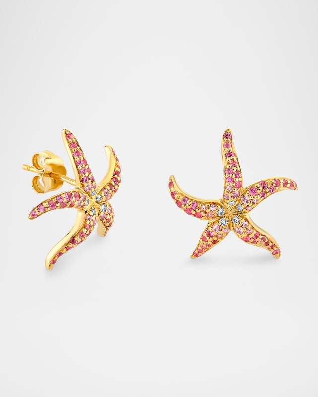 14K Pave Starfish Stud Earrings with Pink Sapphires